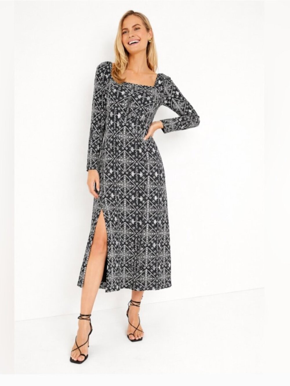 TUCKERNUCK Hyacinth House Square-Neck Midi Dress, Black & White, Size L